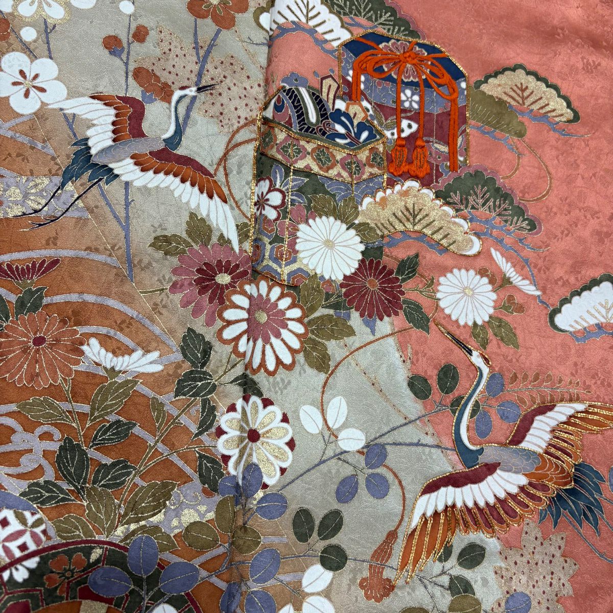 訪問服 身長155cm 袖長65cm M 雙層 貝桶 仙鶴 金絲 金銀彩 橙色 純蠶絲 秀品級