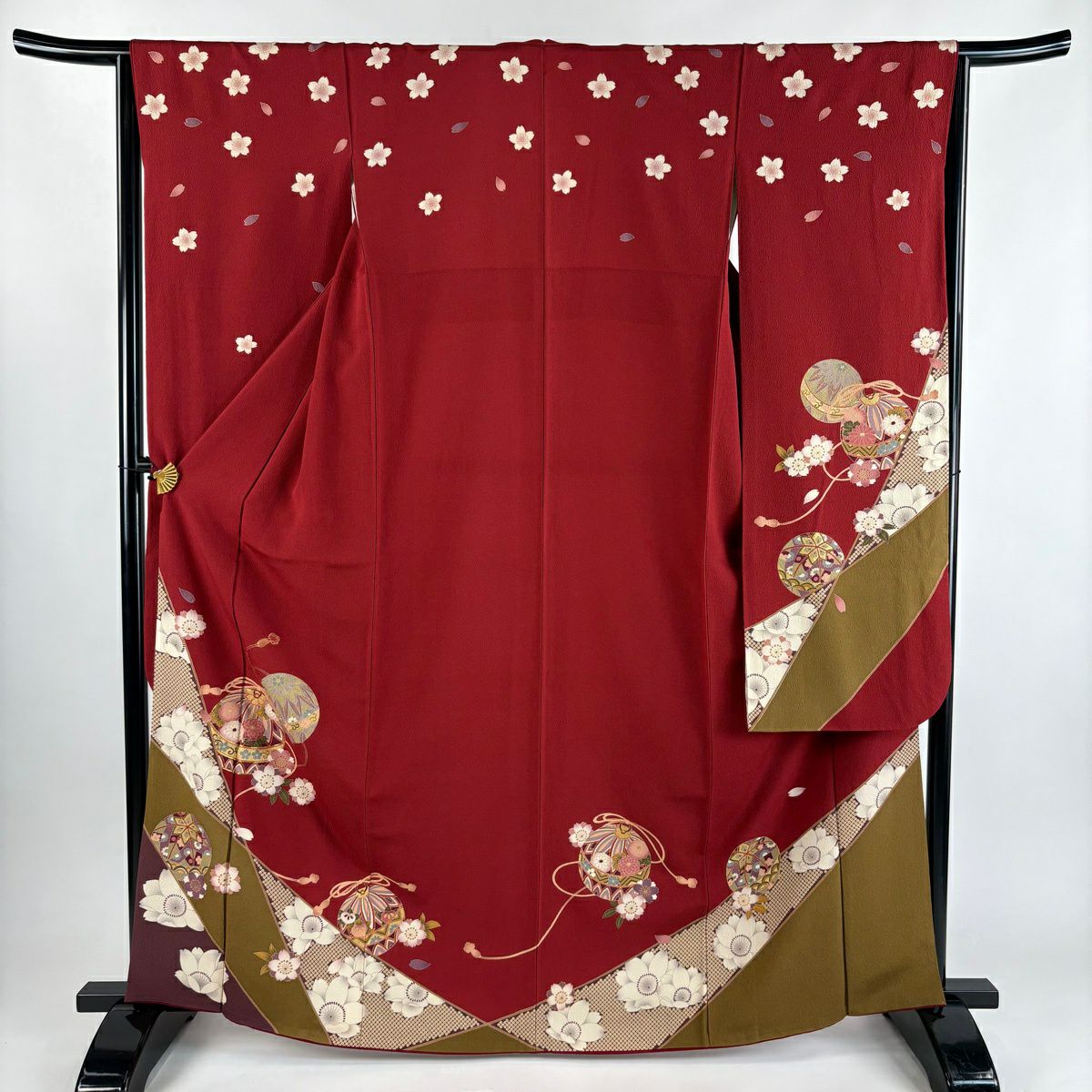 振袖禮服 身長166cm 袖長65.5cm M 雙層 鞠 櫻花 金絲 金銀彩 深紅 純蠶絲 優品級