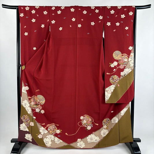振袖禮服 身長166cm 袖長65.5cm M 雙層 鞠 櫻花 金絲 金銀彩 深紅 純蠶絲 優品級