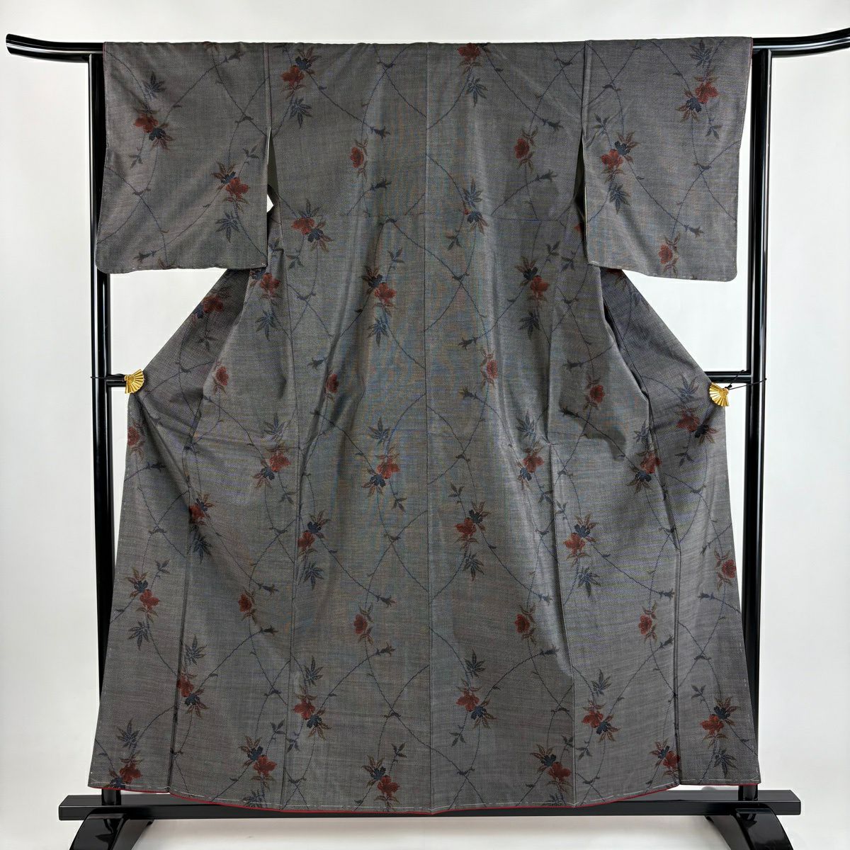 【美品】 大島紬織 身長159.5cm 袖長63.5cm S 雙層 證書附帶 草花紋紋 黑灰 純蠶絲 優品級