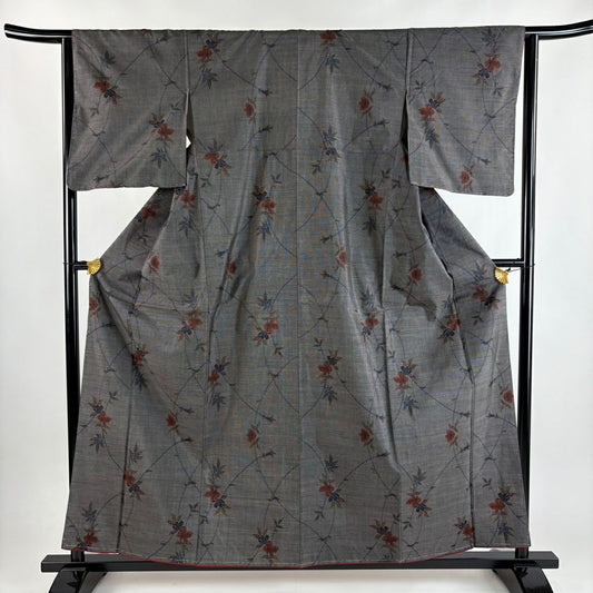 【美品】 大島紬織 身長159.5cm 袖長63.5cm S 雙層 證書附帶 草花紋紋 黑灰 純蠶絲 優品級