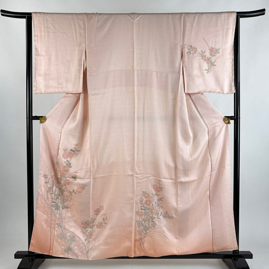 【美品】 付下 身長159.5cm 袖長64cm M 雙層 菊花 流水 刺繡 漸層 淺粉色 純蠶絲 優品級