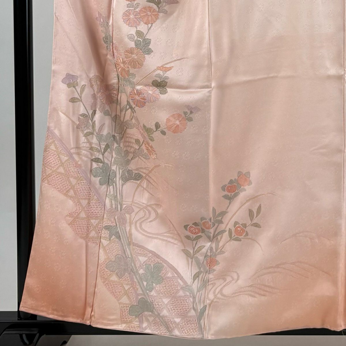 【美品】 付下 身長159.5cm 袖長64cm M 雙層 菊花 流水 刺繡 漸層 淺粉色 純蠶絲 優品級