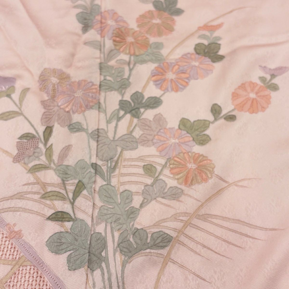 【美品】 付下 身長159.5cm 袖長64cm M 雙層 菊花 流水 刺繡 漸層 淺粉色 純蠶絲 優品級