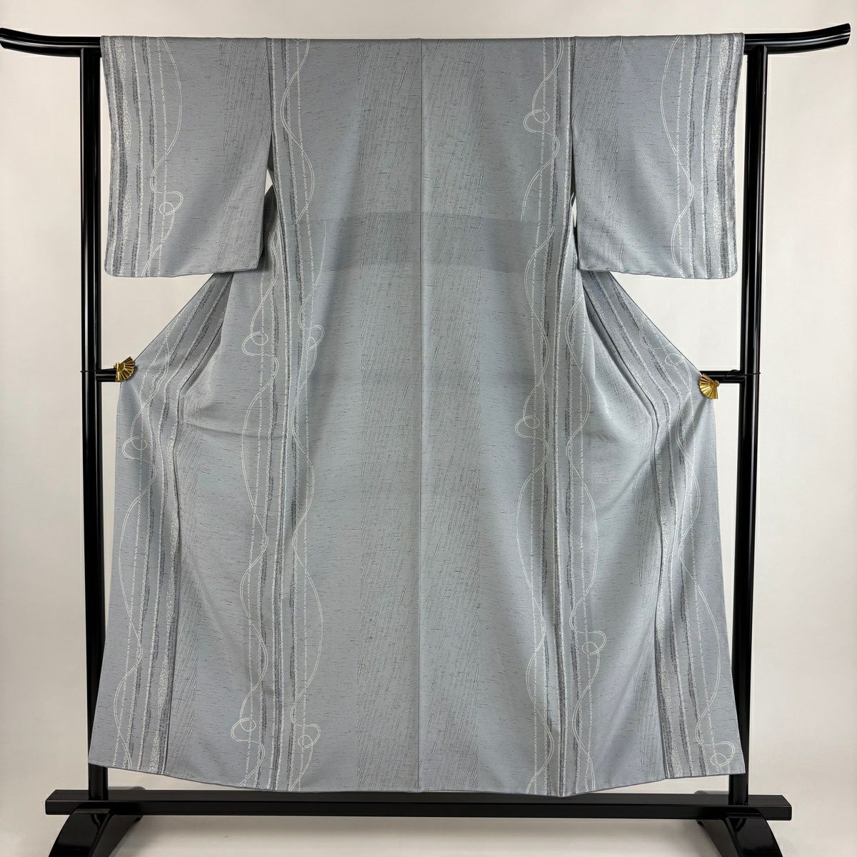 【美品】 小紋 身長154.5cm 袖長62.5cm S 雙層 縞 幾何圖案 青灰 純蠶絲 秀品級