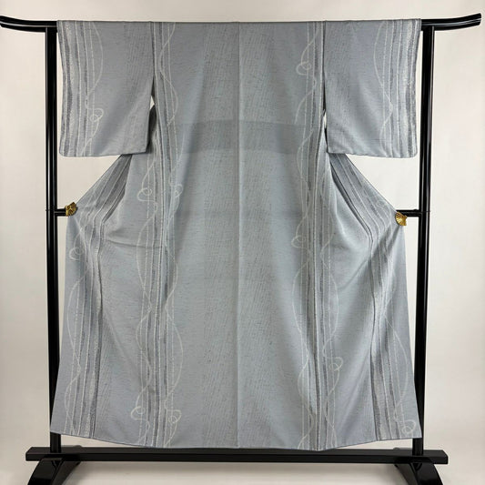 【美品】 小紋 身長154.5cm 袖長62.5cm S 雙層 縞 幾何圖案 青灰 純蠶絲 秀品級