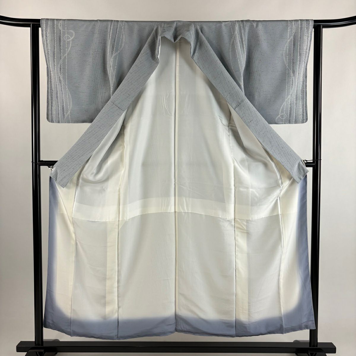 【美品】 小紋 身長154.5cm 袖長62.5cm S 雙層 縞 幾何圖案 青灰 純蠶絲 秀品級
