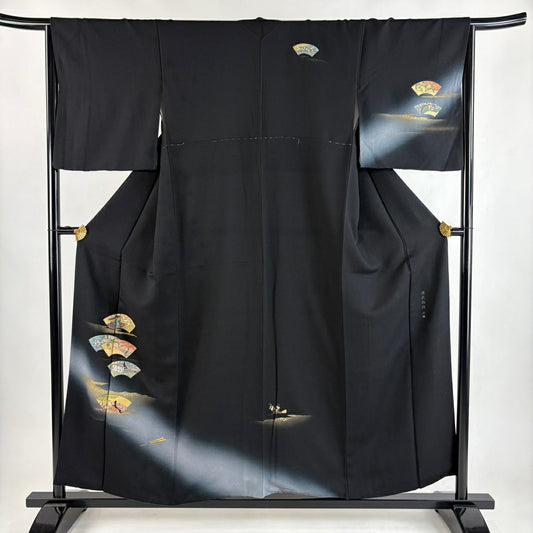 付下 身長155.5cm 袖長65.5cm M 雙層 扇子面 霞 金銀彩 漸層 黑 純蠶絲 優品級