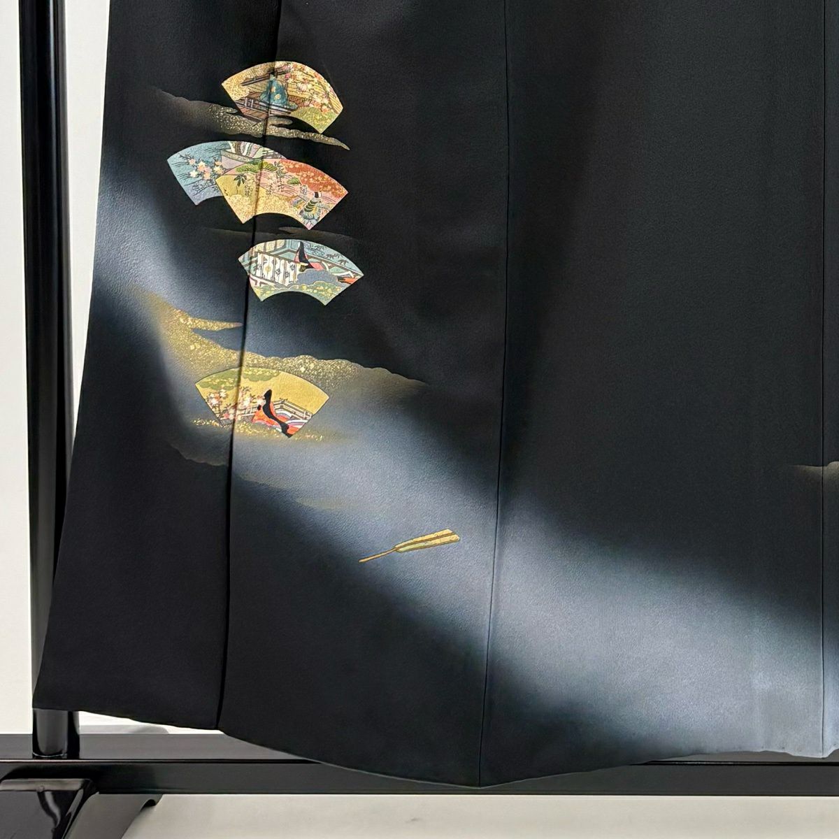付下 身長155.5cm 袖長65.5cm M 雙層 扇子面 霞 金銀彩 漸層 黑 純蠶絲 優品級
