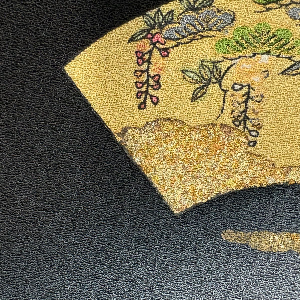 付下 身長155.5cm 袖長65.5cm M 雙層 扇子面 霞 金銀彩 漸層 黑 純蠶絲 優品級