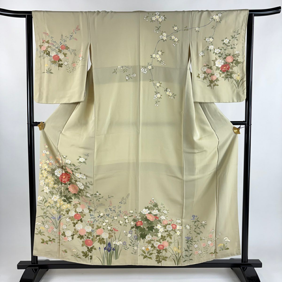 訪問服 身長157cm 袖長63cm S 雙層 牡丹 菊花 金彩裝飾 米色 純蠶絲 優品級