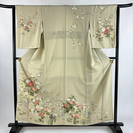 訪問服 身長157cm 袖長63cm S 雙層 牡丹 菊花 金彩裝飾 米色 純蠶絲 優品級