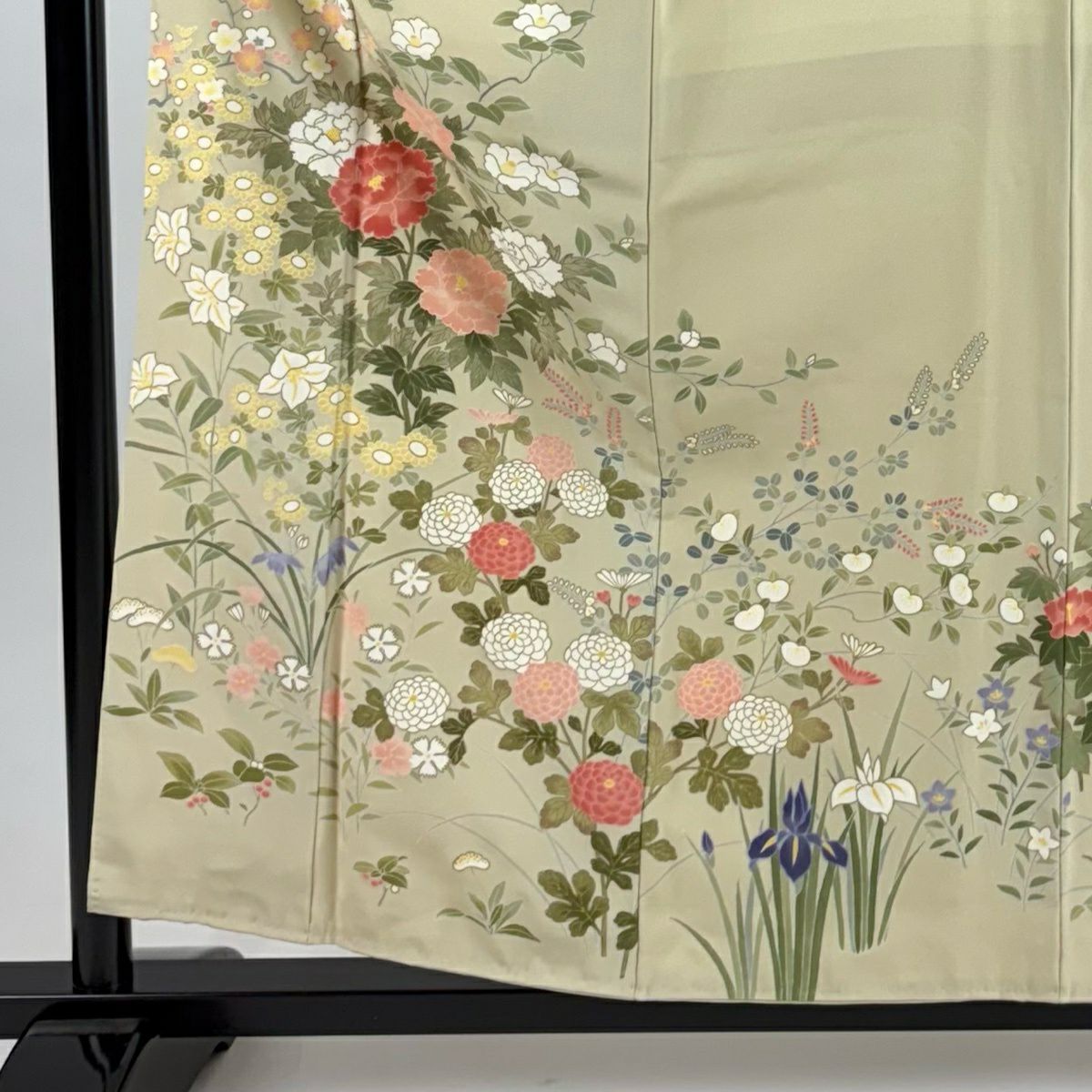 訪問服 身長157cm 袖長63cm S 雙層 牡丹 菊花 金彩裝飾 米色 純蠶絲 優品級