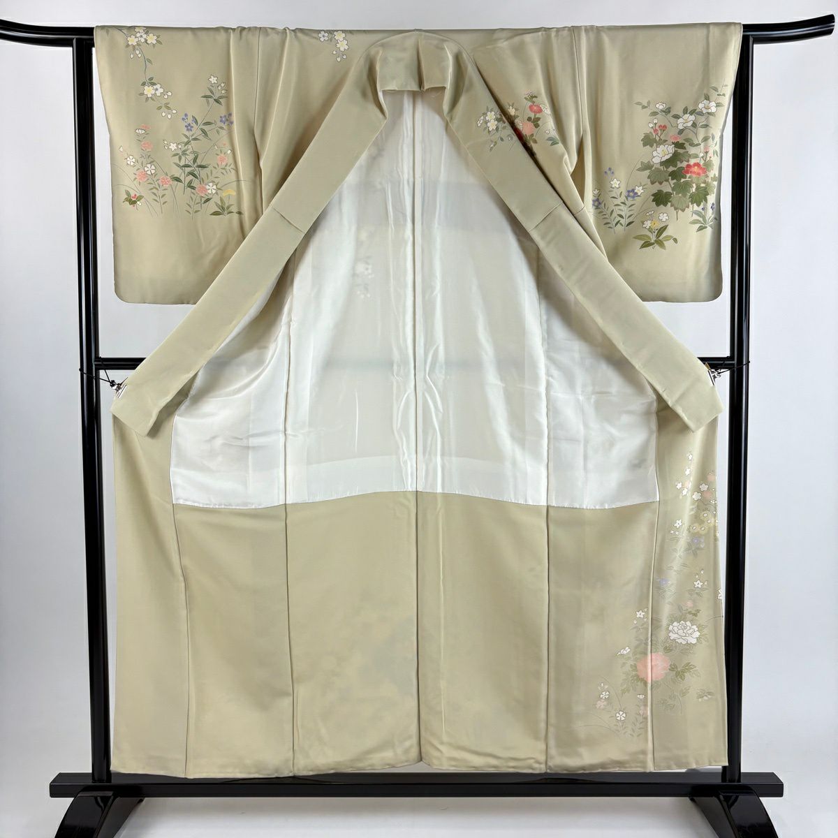 訪問服 身長157cm 袖長63cm S 雙層 牡丹 菊花 金彩裝飾 米色 純蠶絲 優品級