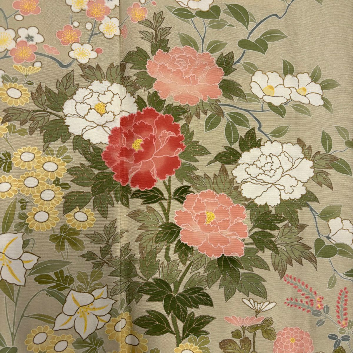 訪問服 身長157cm 袖長63cm S 雙層 牡丹 菊花 金彩裝飾 米色 純蠶絲 優品級