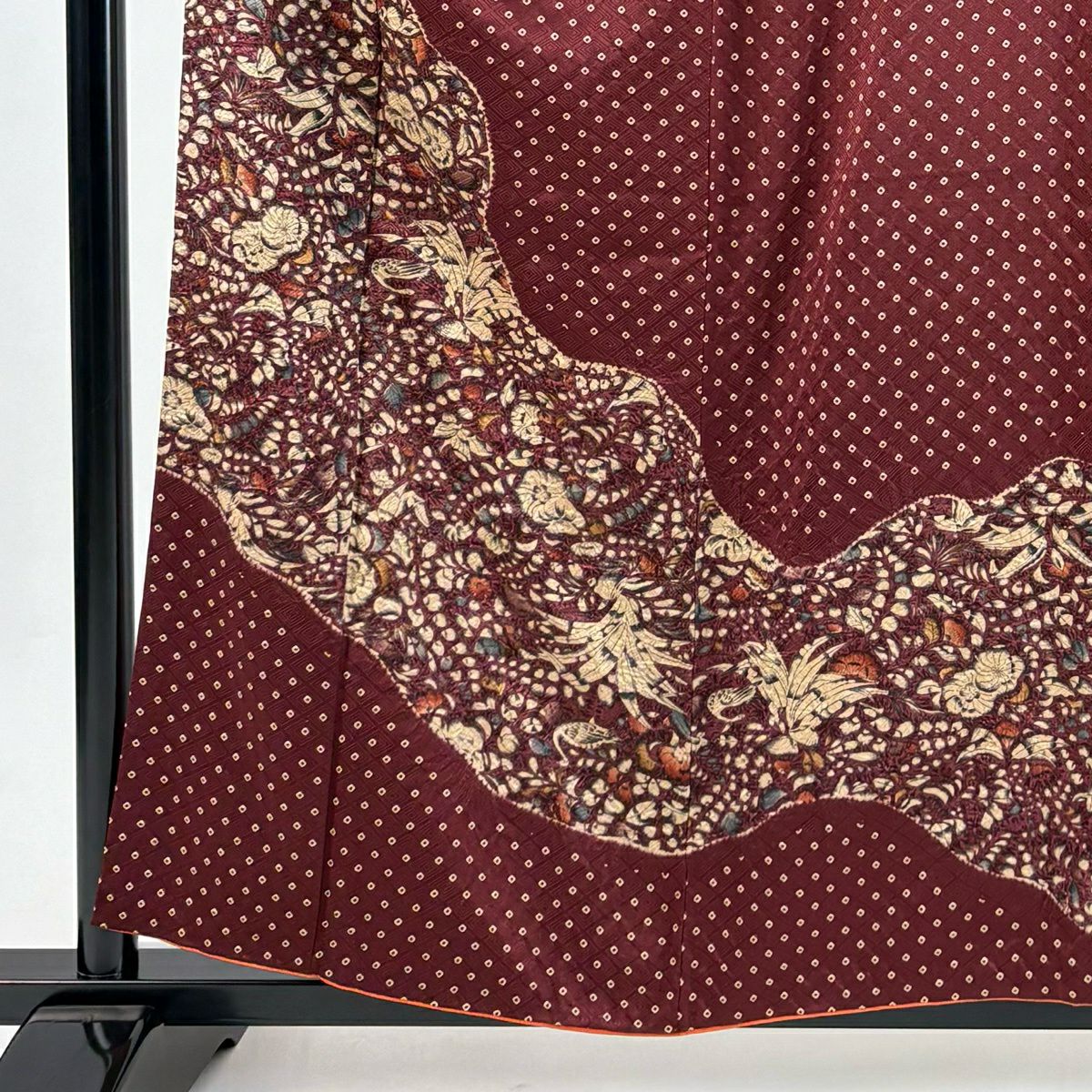 【美品】訪問服 身長157.5cm 袖長61.5cm S 雙層 辻花染圖案 鳥 紅色 純蠶絲 優品級