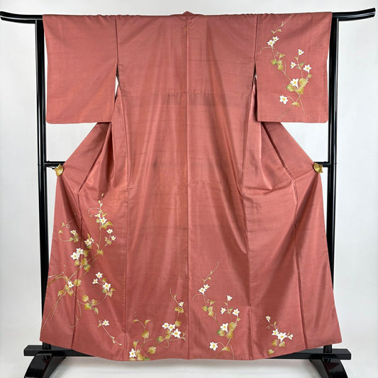 付下 身長160.5cm 袖長63.5cm S 雙層 紬織織 草花紋紋 粉紅 純蠶絲 秀品級 一個紋