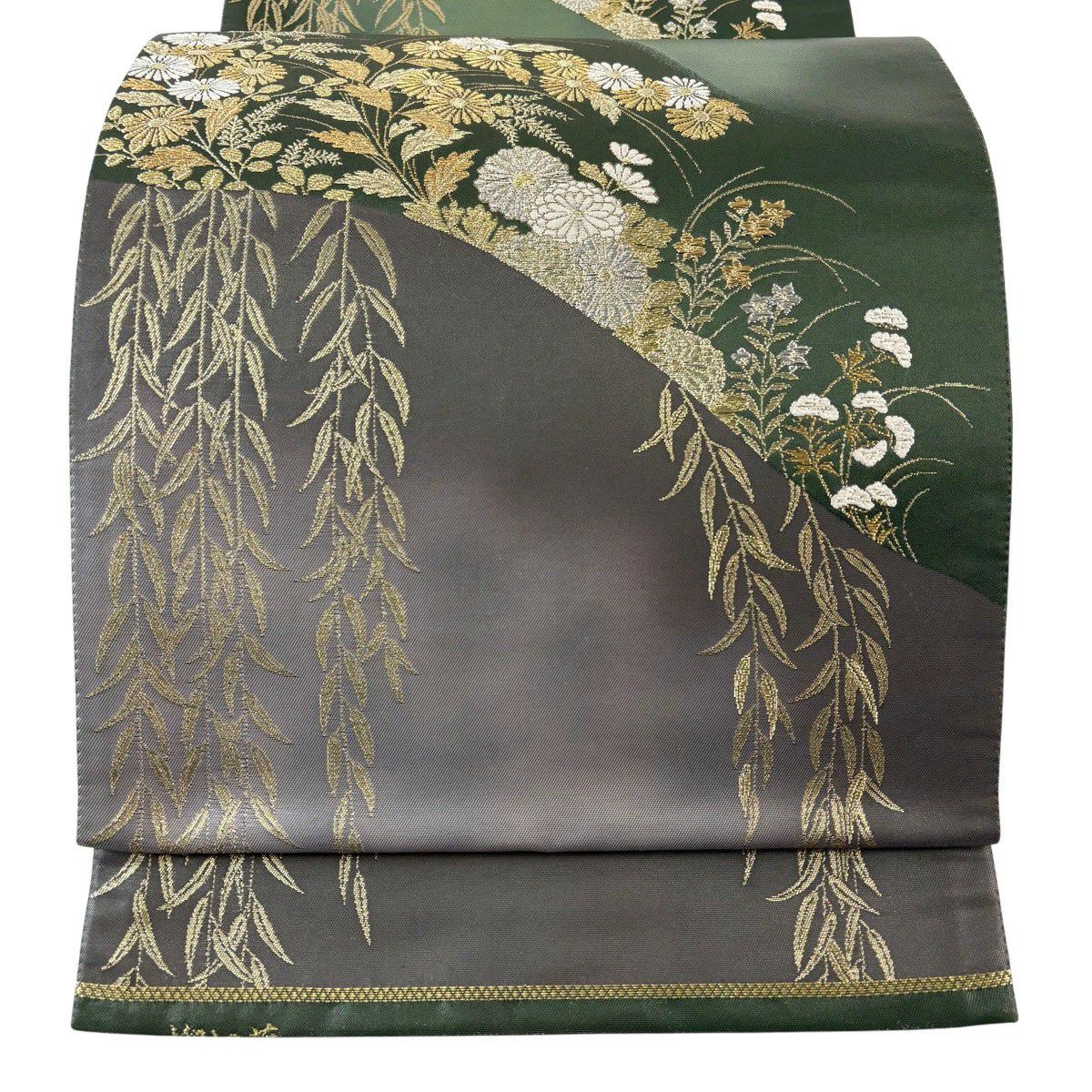 【美品】 袋帶 秀品級 關西仕立 雜菊花 金銀彩 金金箔 灰紫 六通 純蠶絲