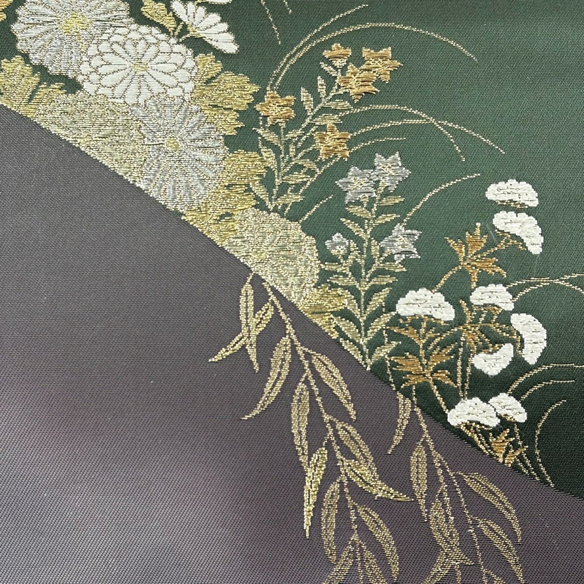 【美品】 袋帶 秀品級 關西仕立 雜菊花 金銀彩 金金箔 灰紫 六通 純蠶絲