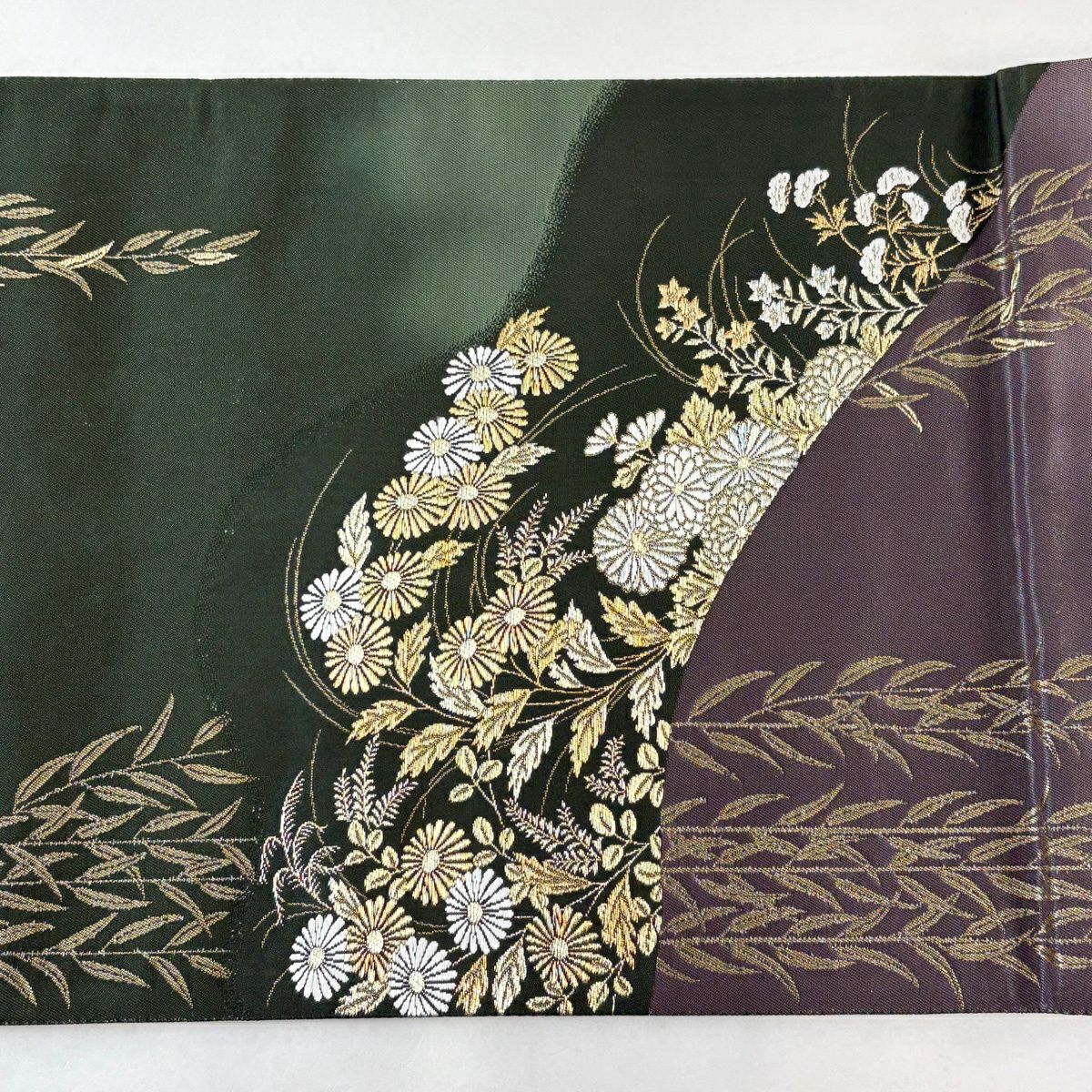 【美品】 袋帶 秀品級 關西仕立 雜菊花 金銀彩 金金箔 灰紫 六通 純蠶絲