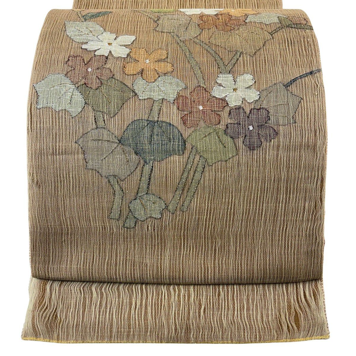 【美品】 袋帶 秀品級 夏帶 草花紋 山吹茶 純蠶絲 お太鼓柄