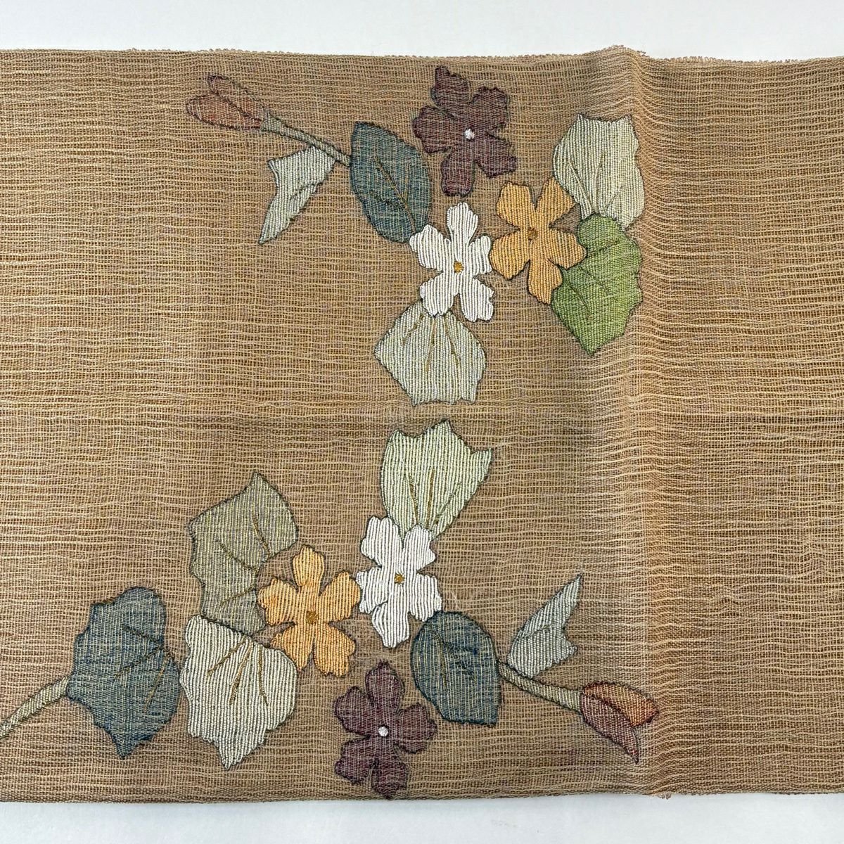【美品】 袋帶 秀品級 夏帶 草花紋 山吹茶 純蠶絲 お太鼓柄