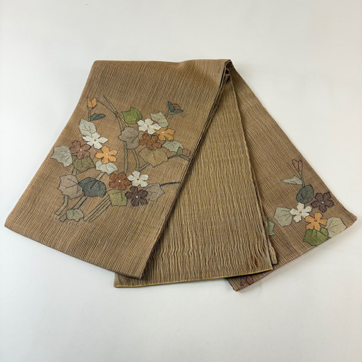【美品】 袋帶 秀品級 夏帶 草花紋 山吹茶 純蠶絲 お太鼓柄