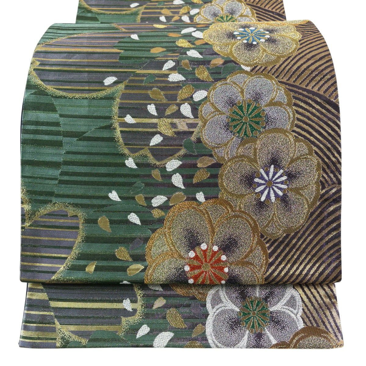 【美品】 袋帶 秀品級 樱花花瓣 金絲 金金箔 綠 六通 純蠶絲