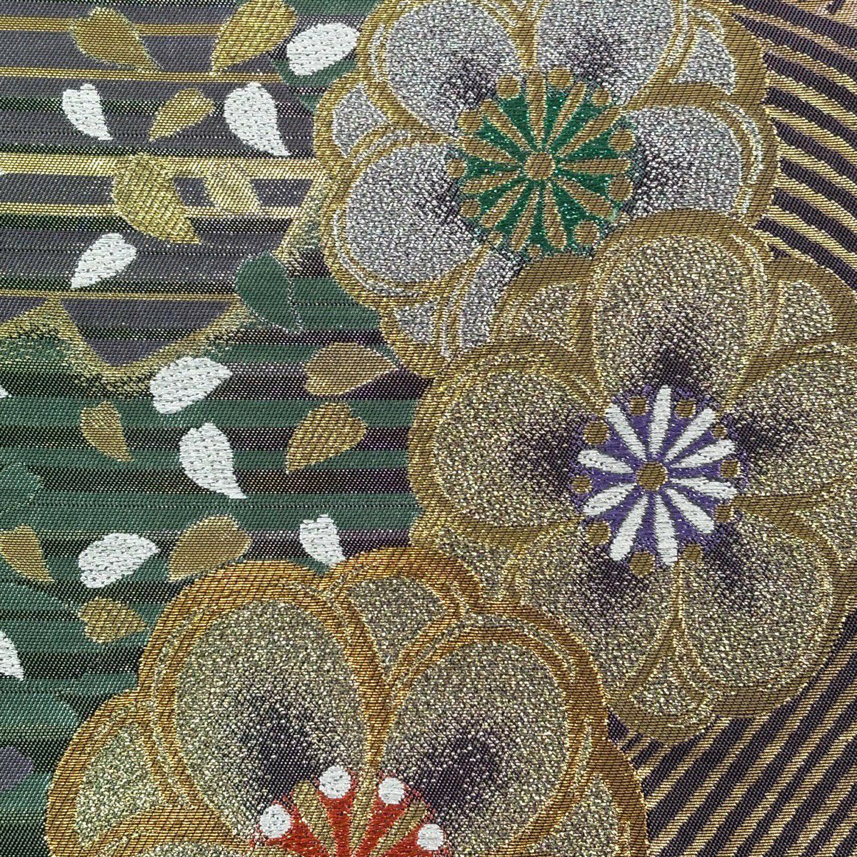 【美品】 袋帶 秀品級 樱花花瓣 金絲 金金箔 綠 六通 純蠶絲
