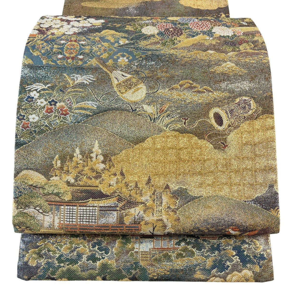 【美品】 袋帶 秀品級 花鳥 風景 金絲 金金箔 金色 全通 純蠶絲