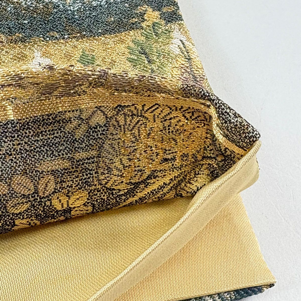 【美品】 袋帶 秀品級 花鳥 風景 金絲 金金箔 金色 全通 純蠶絲