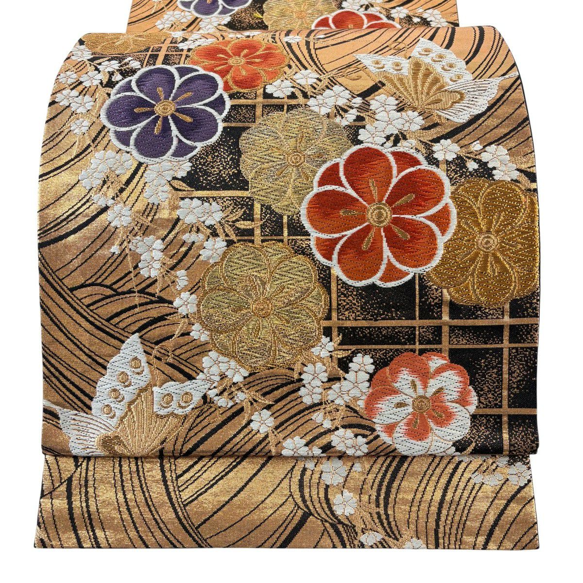 【美品】 袋帶 秀品級 梅花 蝶 金絲 金金箔 黑 六通 純蠶絲