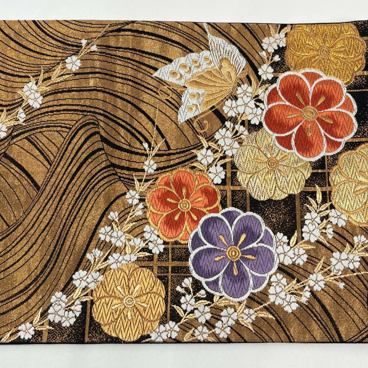 【美品】 袋帶 秀品級 梅花 蝶 金絲 金金箔 黑 六通 純蠶絲