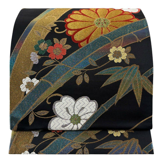 袋帶 秀品級 樱花 竹子 金絲 金金箔 黑 六通 純蠶絲