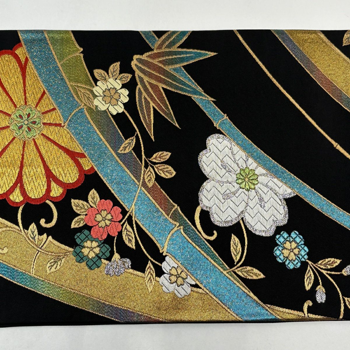 袋帶 秀品級 樱花 竹子 金絲 金金箔 黑 六通 純蠶絲