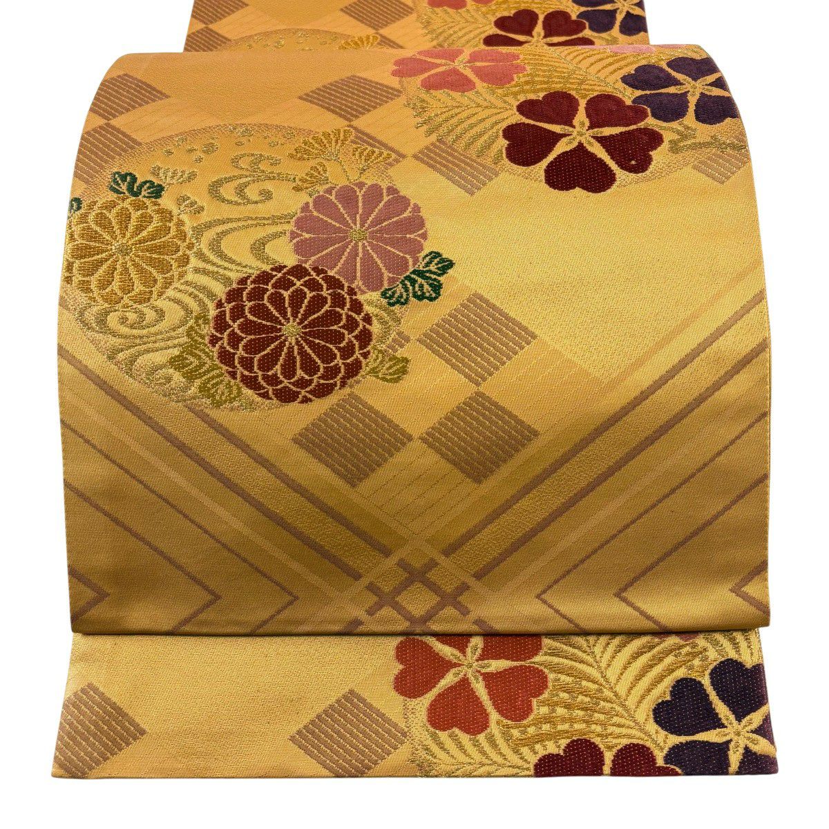 【美品】 袋帶 秀品級 松樹梅花 菊花 金絲 橙色 六通 純蠶絲