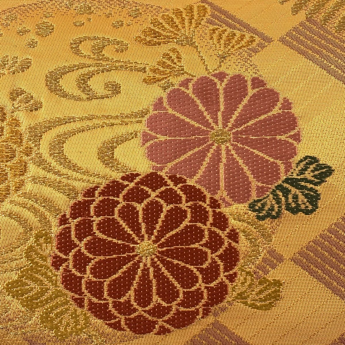 【美品】 袋帶 秀品級 松樹梅花 菊花 金絲 橙色 六通 純蠶絲
