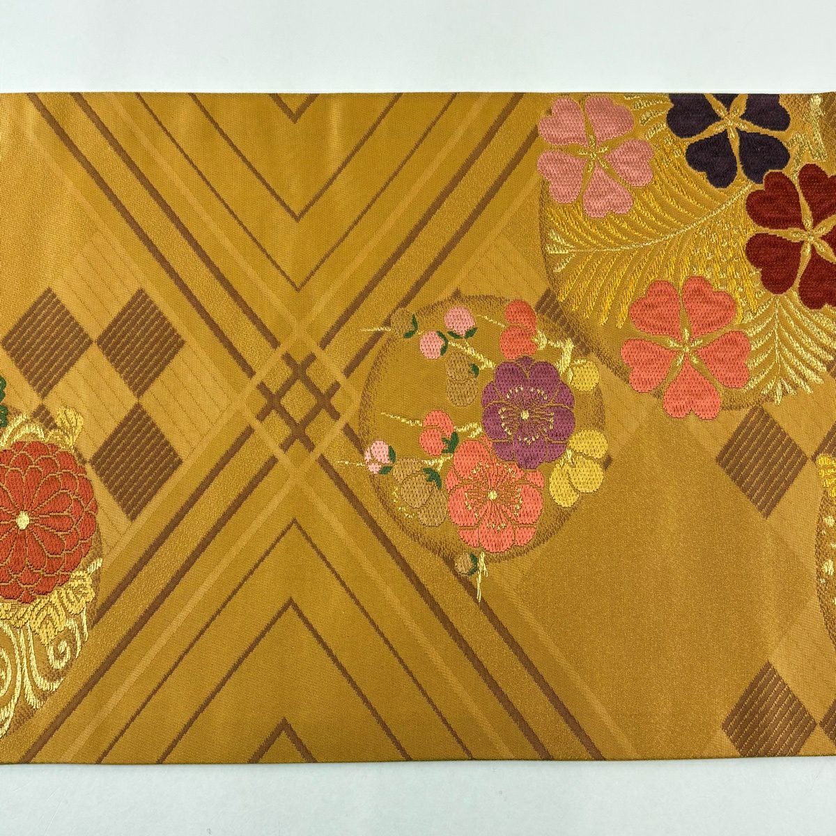 【美品】 袋帶 秀品級 松樹梅花 菊花 金絲 橙色 六通 純蠶絲