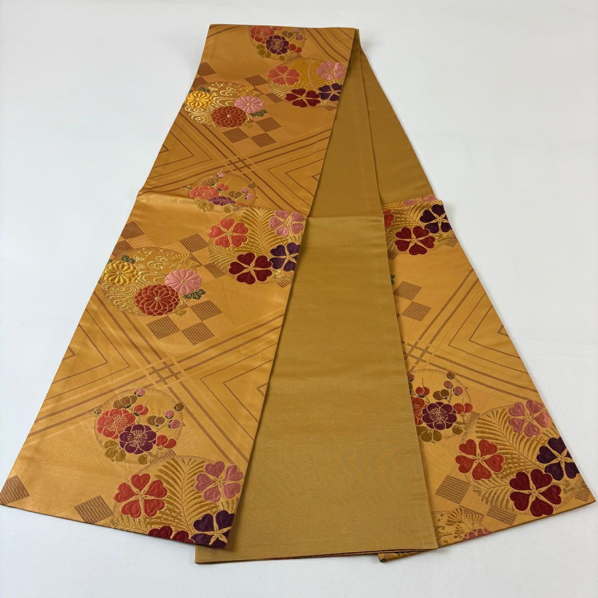 【美品】 袋帶 秀品級 松樹梅花 菊花 金絲 橙色 六通 純蠶絲