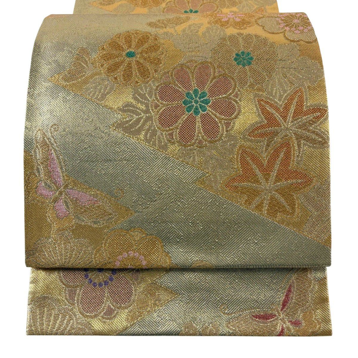 【美品】 袋帶 秀品級 松樹皮菱 草花紋 金糸 金金箔 金 六通 純蠶絲