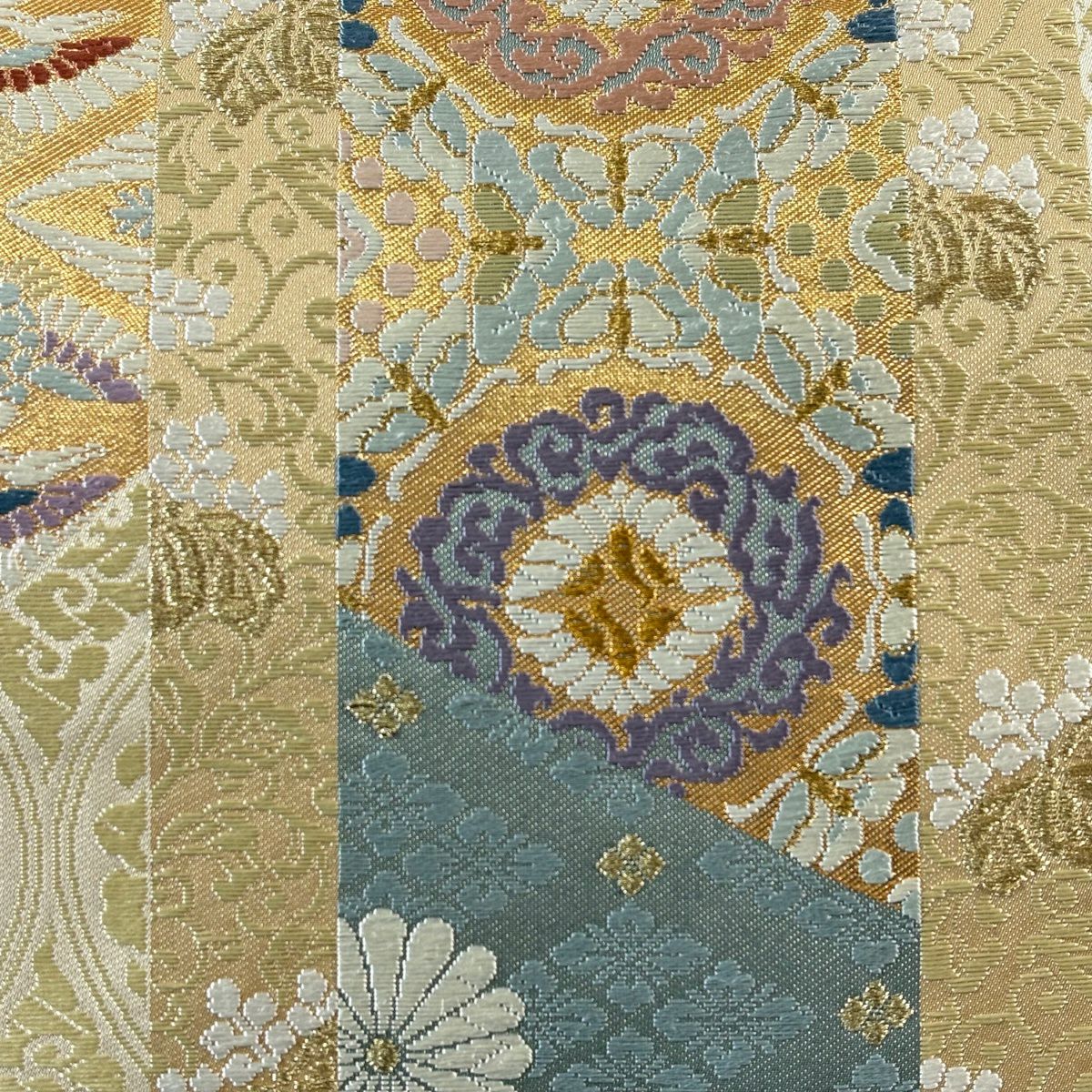 【美品】 袋帶 秀品級 華紋 仙鶴菱 金絲 米色 六通 純蠶絲