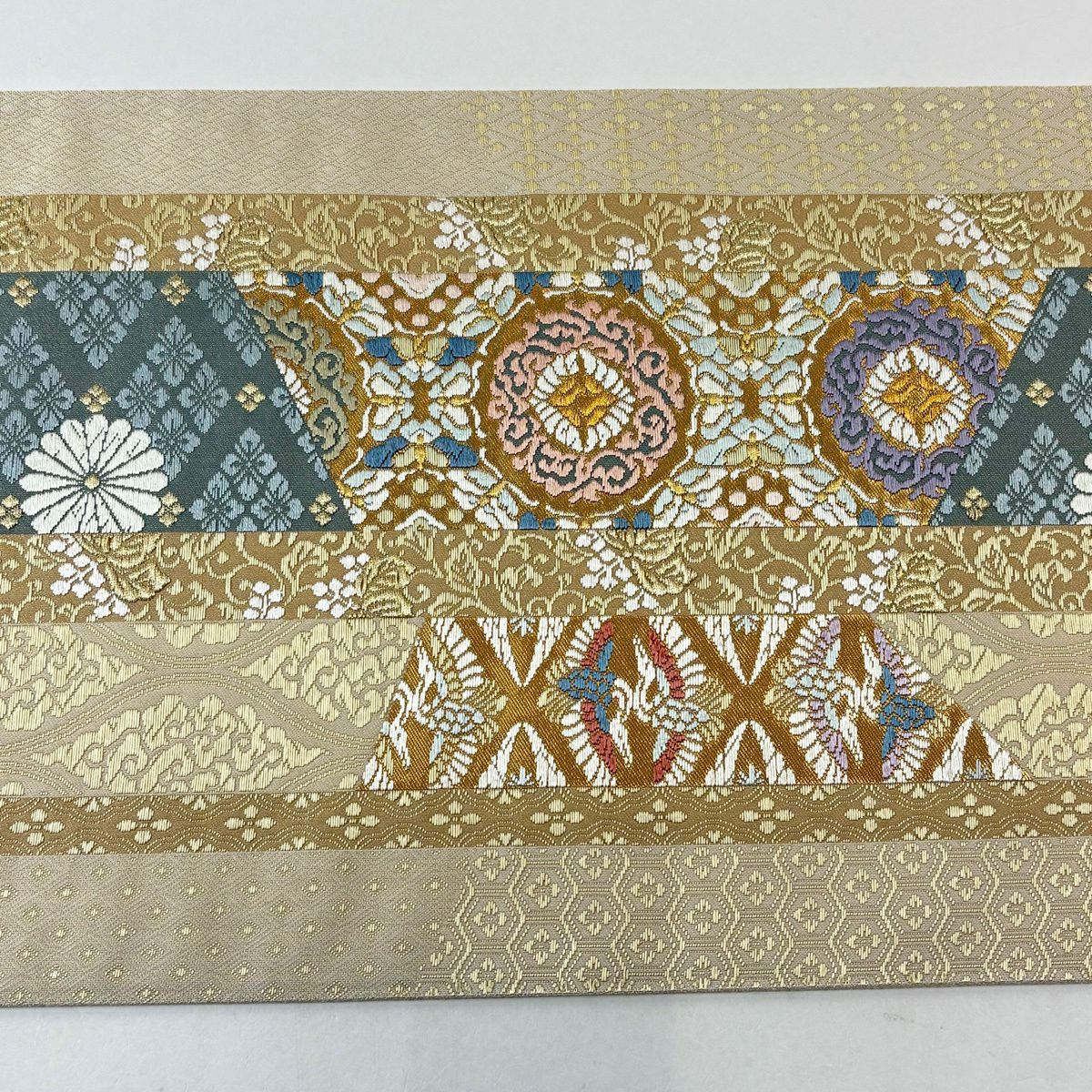 【美品】 袋帶 秀品級 華紋 仙鶴菱 金絲 米色 六通 純蠶絲