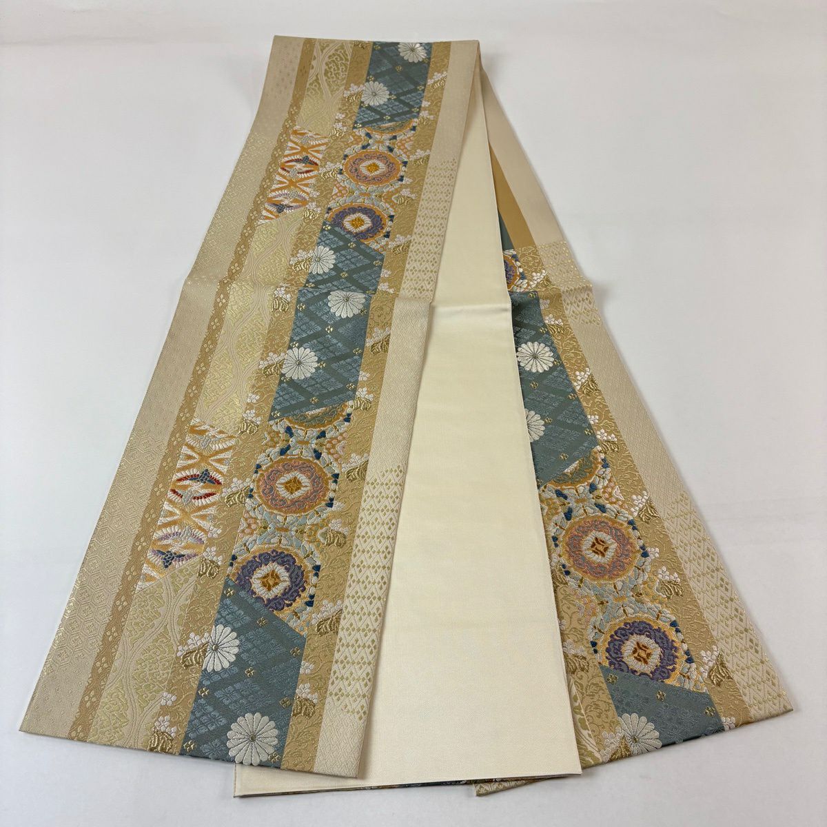 【美品】 袋帶 秀品級 華紋 仙鶴菱 金絲 米色 六通 純蠶絲