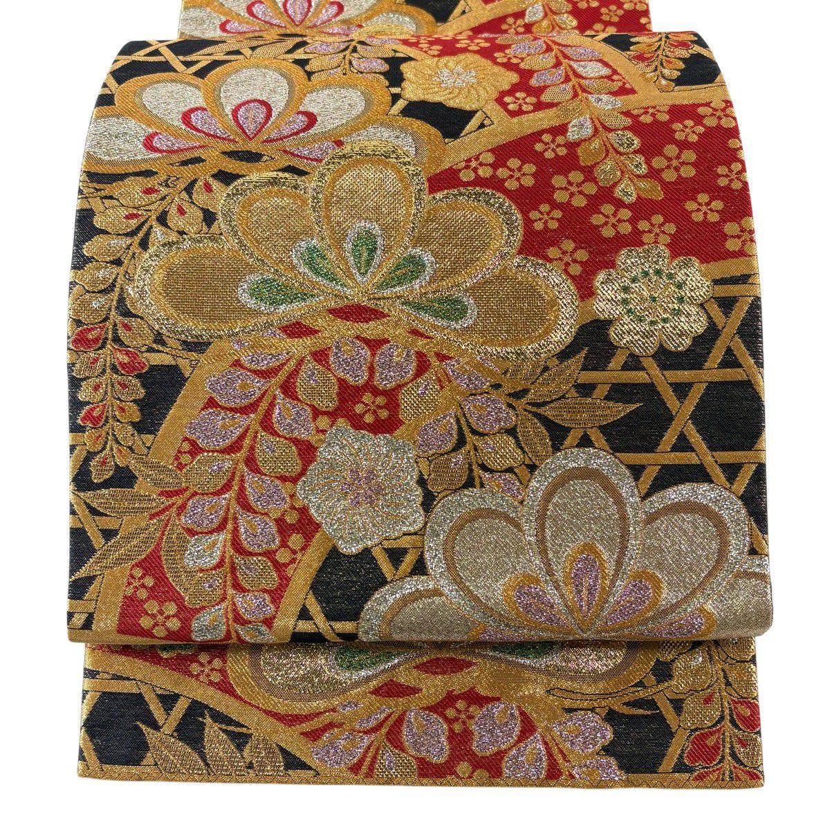 【美品】 袋帶 秀品級 振袖禮服禮服用 笠松樹 籠目 金絲 金金箔 黑 六通 純蠶絲