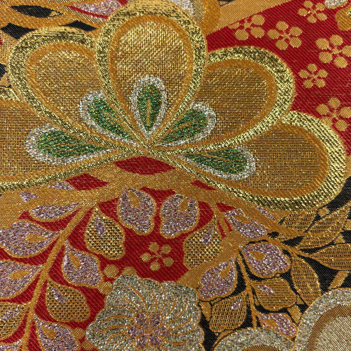 【美品】 袋帶 秀品級 振袖禮服禮服用 笠松樹 籠目 金絲 金金箔 黑 六通 純蠶絲