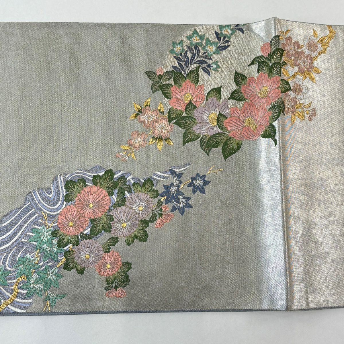 袋帶 秀品級 草花紋紋 波紋 金絲 金金箔 灰色 大鼓圖案 純蠶絲