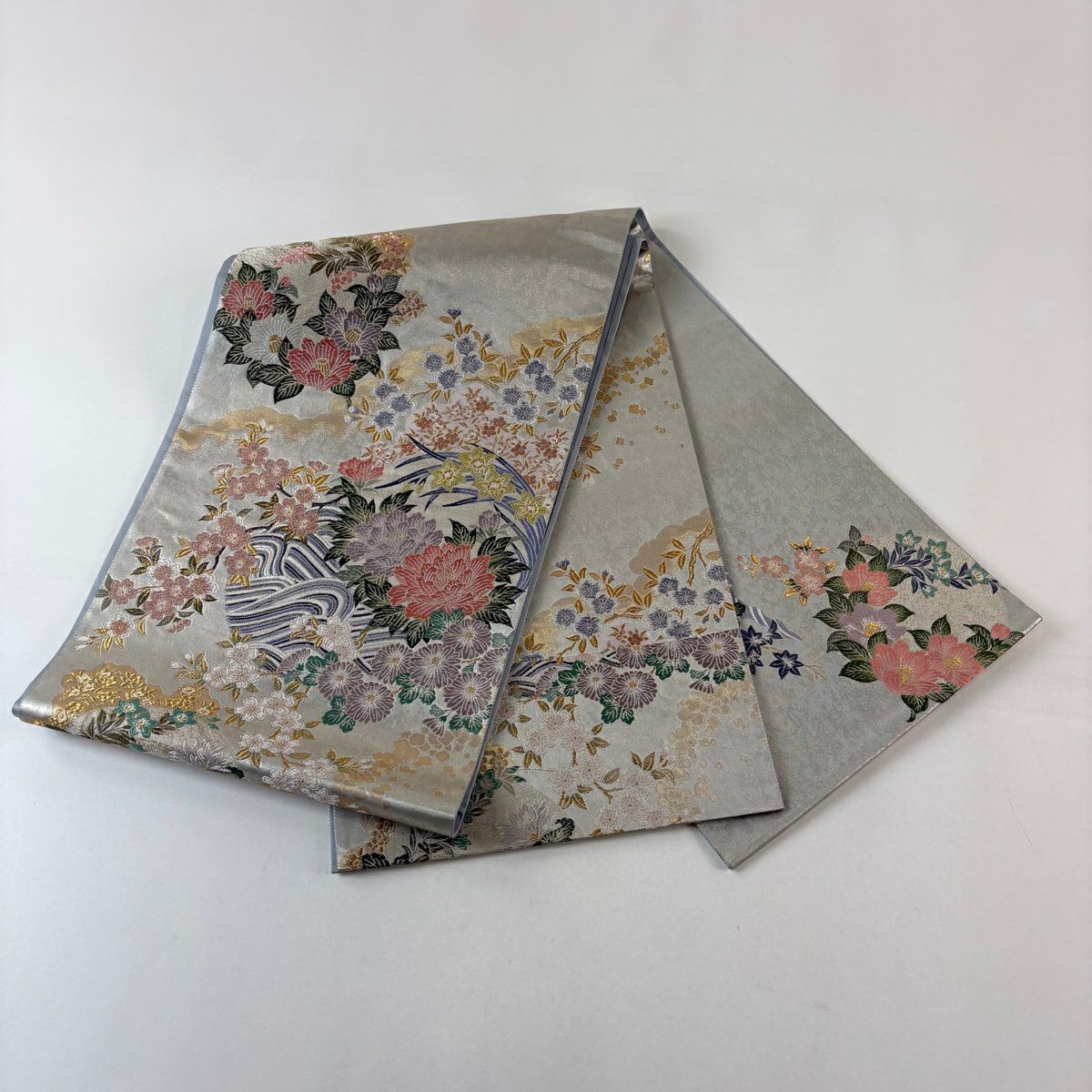 袋帶 秀品級 草花紋紋 波紋 金絲 金金箔 灰色 大鼓圖案 純蠶絲