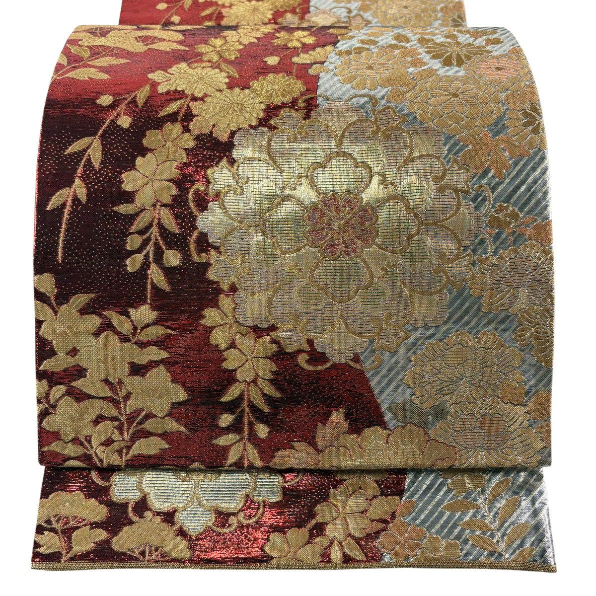 【美品】 袋帶 秀品級 振袖禮服禮服用 牡丹 垂枝櫻 金絲 金金箔 紅 六通 純蠶絲