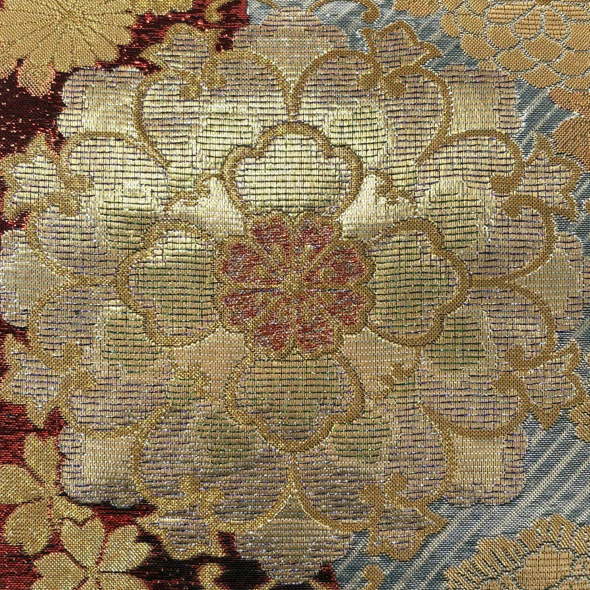 【美品】 袋帶 秀品級 振袖禮服禮服用 牡丹 垂枝櫻 金絲 金金箔 紅 六通 純蠶絲