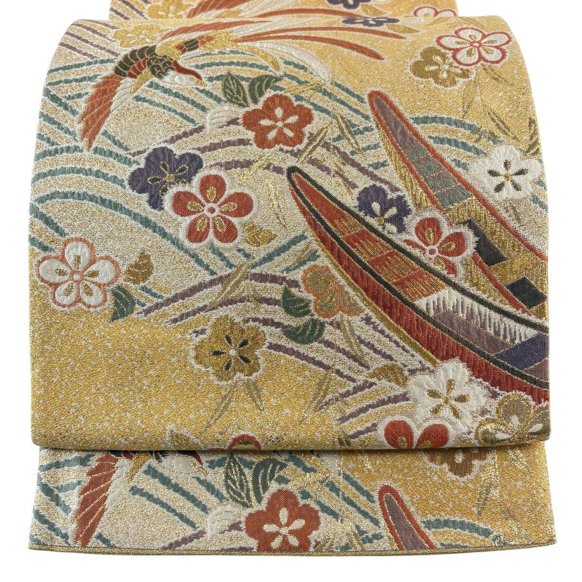 【美品】 袋帶 秀品級 尾長鳥 梅花 金絲 金金箔 山吹 深黃 六通 純蠶絲
